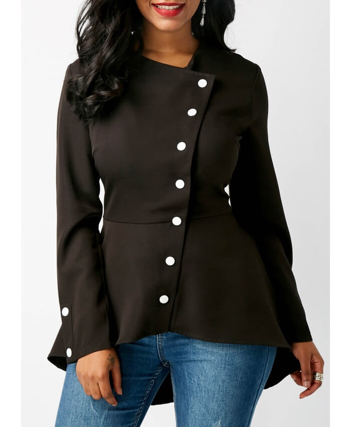 Button Up Asymmetric Hem Black Blouse